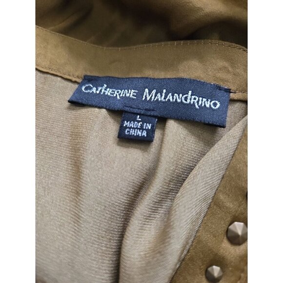 Catherine Malandrino size Large Olive Long Sleeve Blouse Bronze Studded Satin - Picture 6 of 8